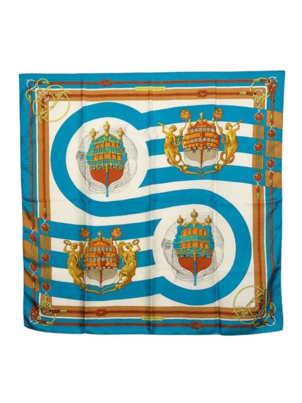 Hermes Carre 90 Chateaux D'arriere Decoration Scarf Large Blue Multicolor Silk